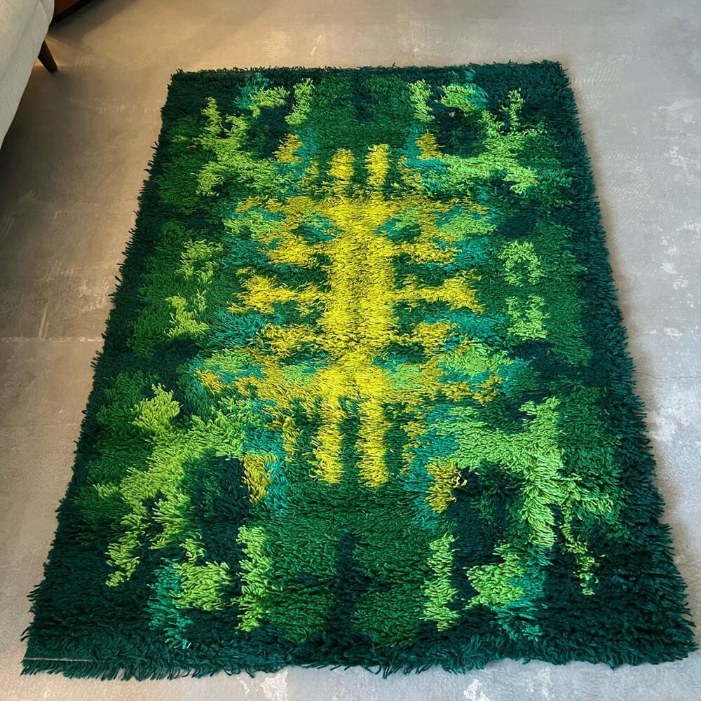 1970's THOR Bold Geometry Contemporary UNUSED Green Rya Rug Mid Century Modern